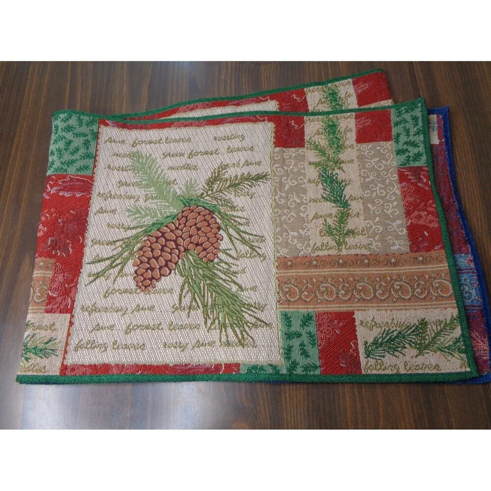 Vintage Christmas Table Runner Pinecones Red Green Patchwork Look Weave 12x72